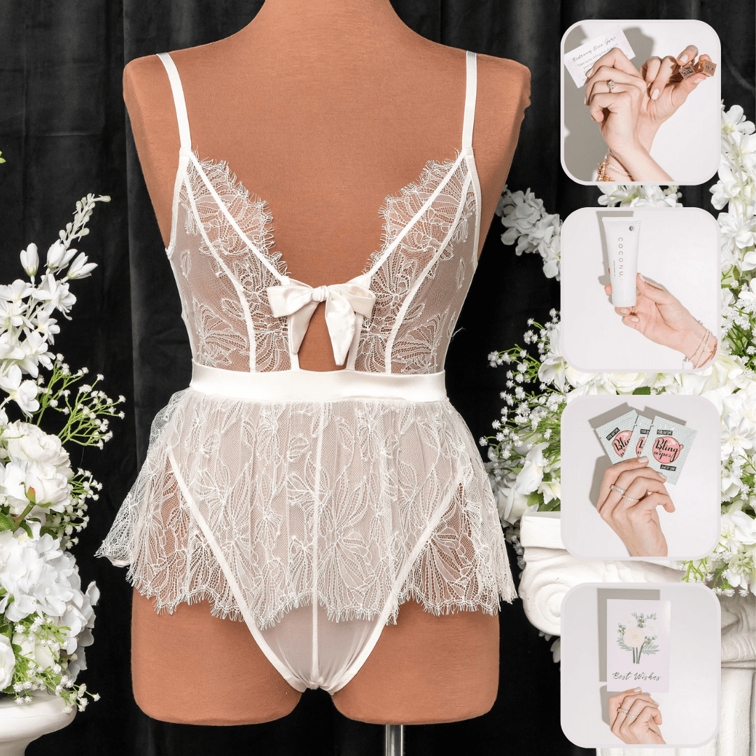 Bridal Bundle: Eyelash Lace Crotchless Teddy - Pearl