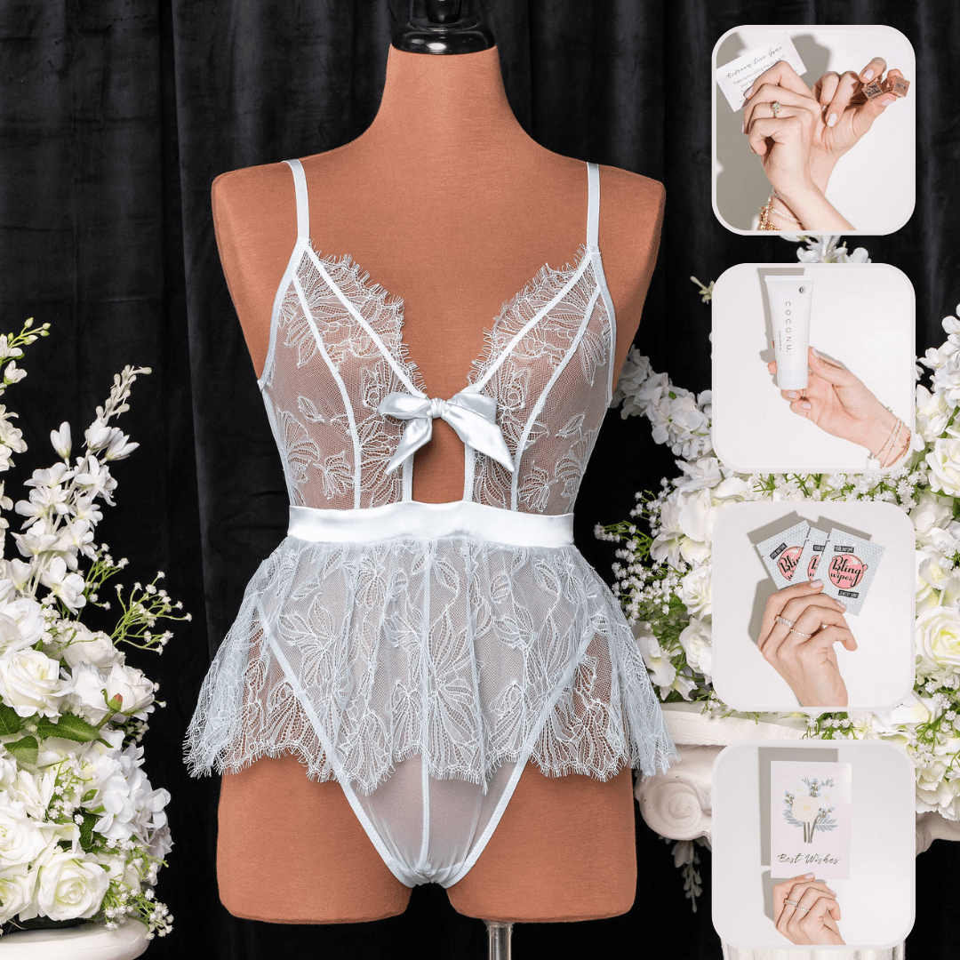 Bridal Bundle: Eyelash Lace Crotchless Teddy - Something Blue