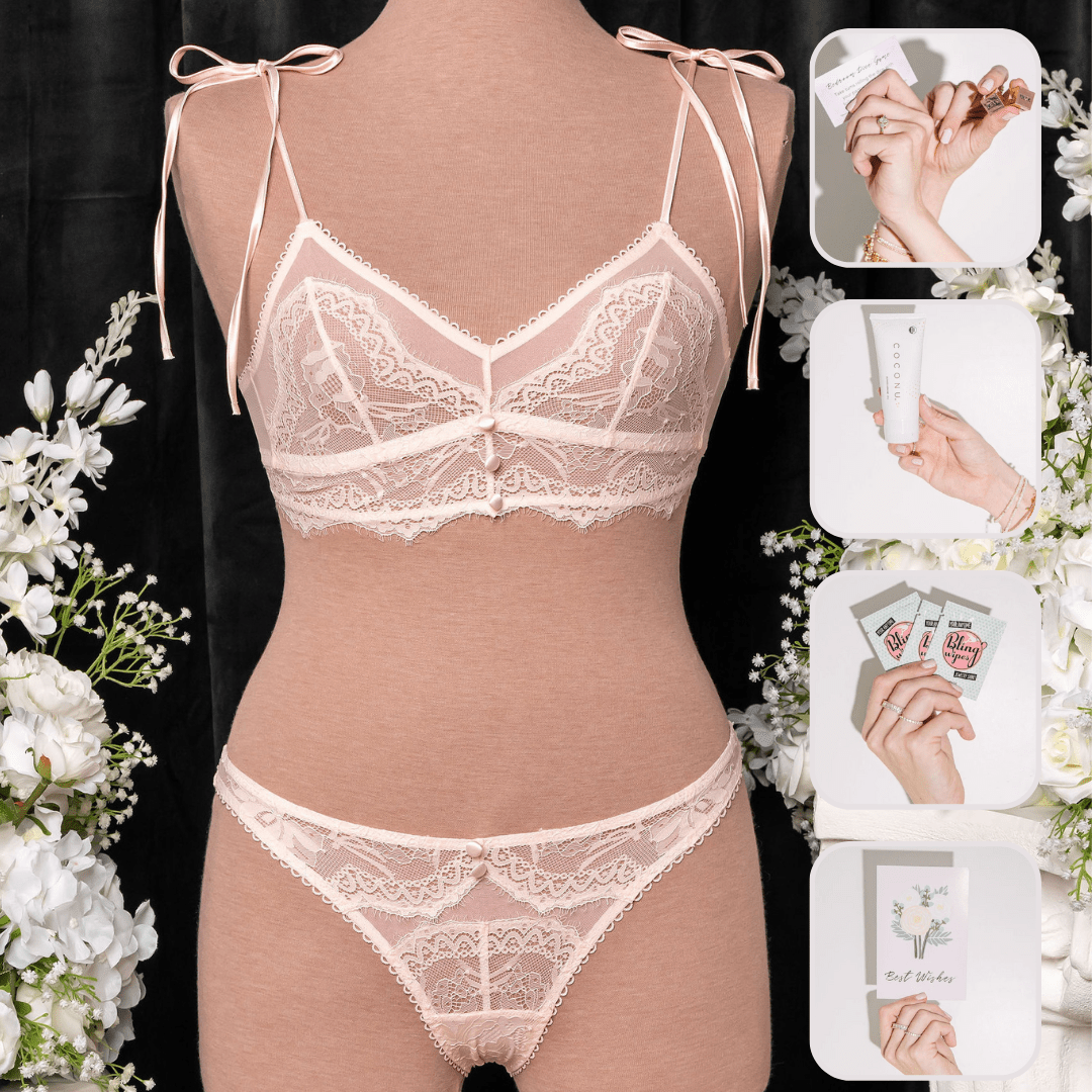 Bridal Bundle: Lace & Mesh Button Bralette Set - Champagne