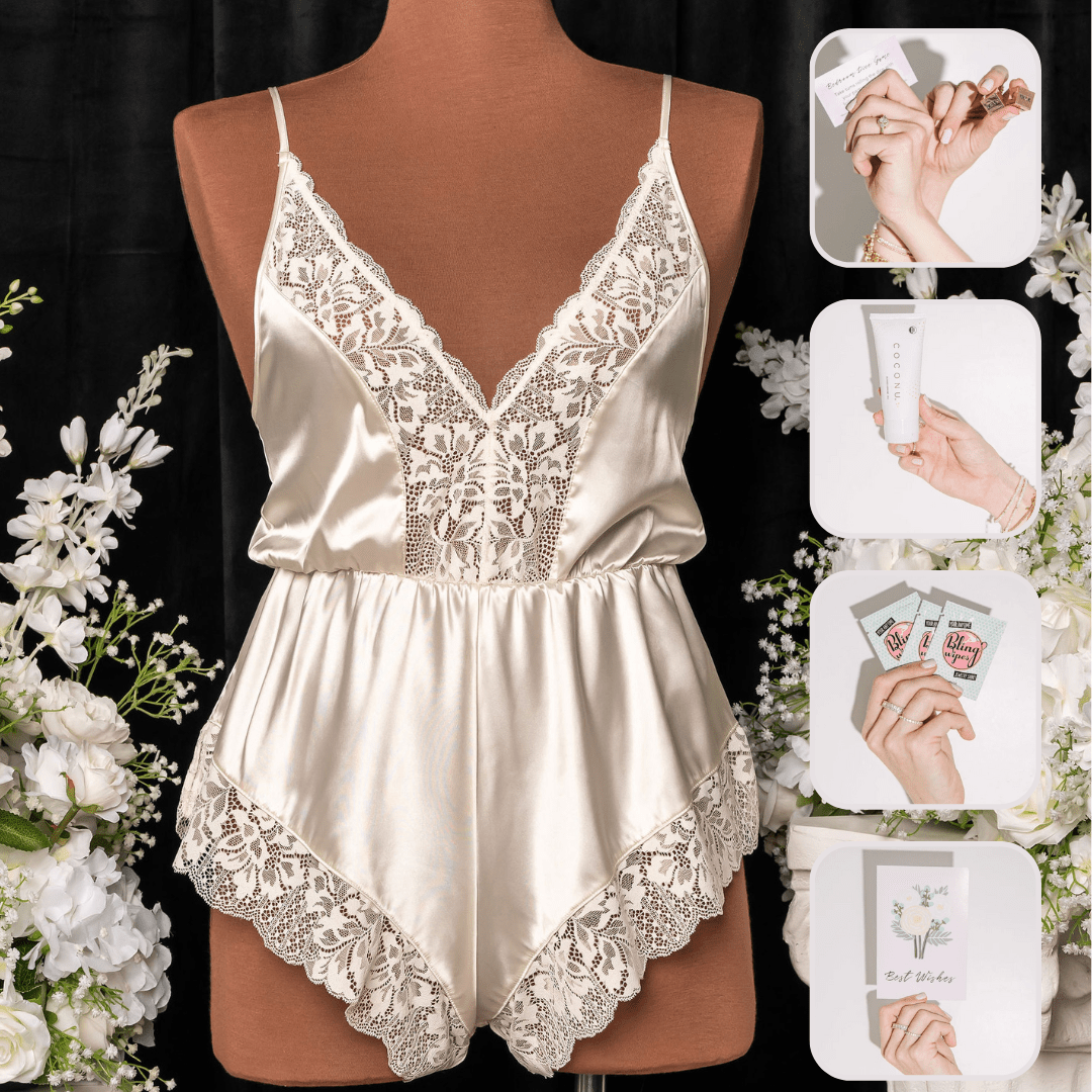 Bridal Bundle: Lacy Plunge Satin Romper - Pearl