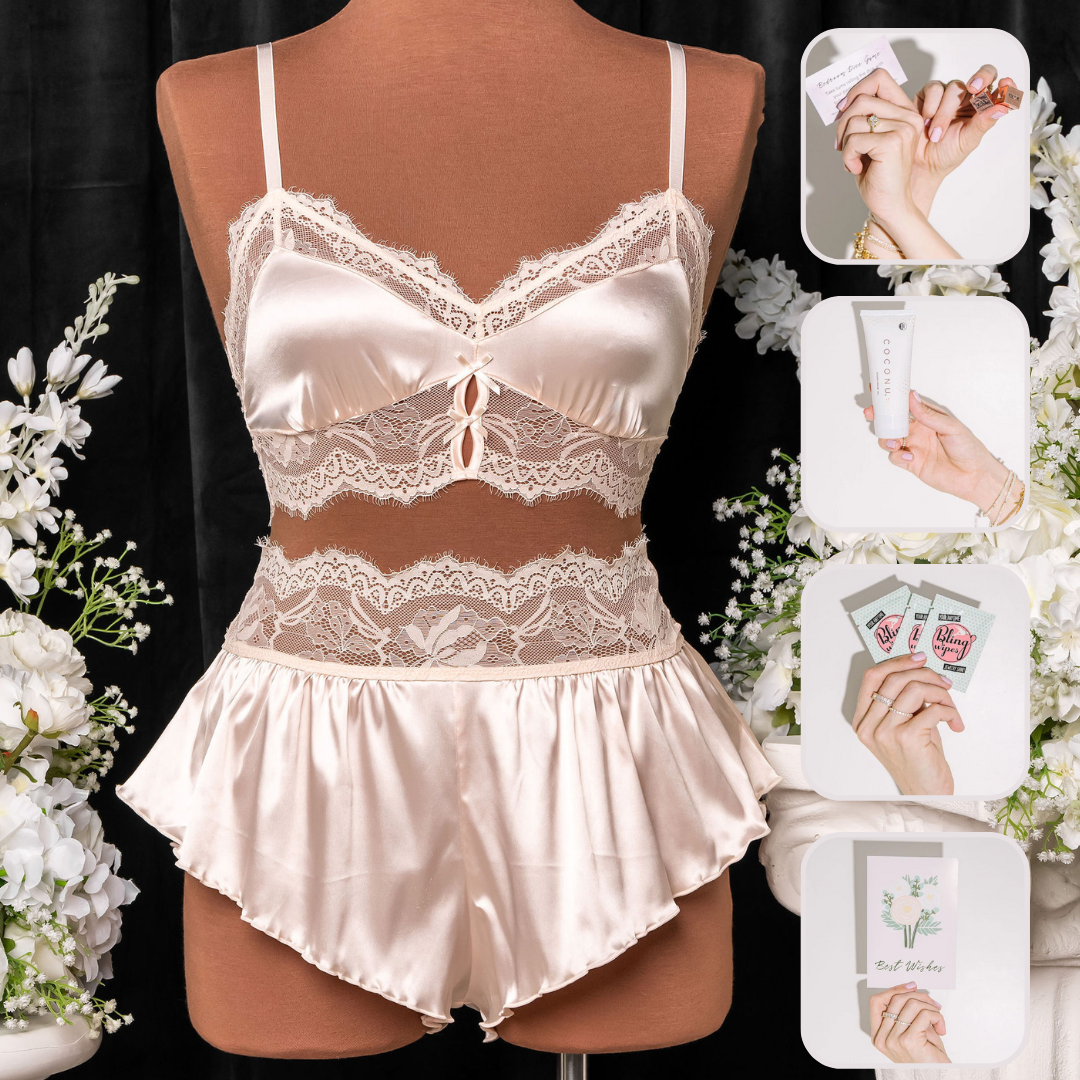 Bridal Bundle: Lacy Satin Keyhole Bralette Set - Champagne