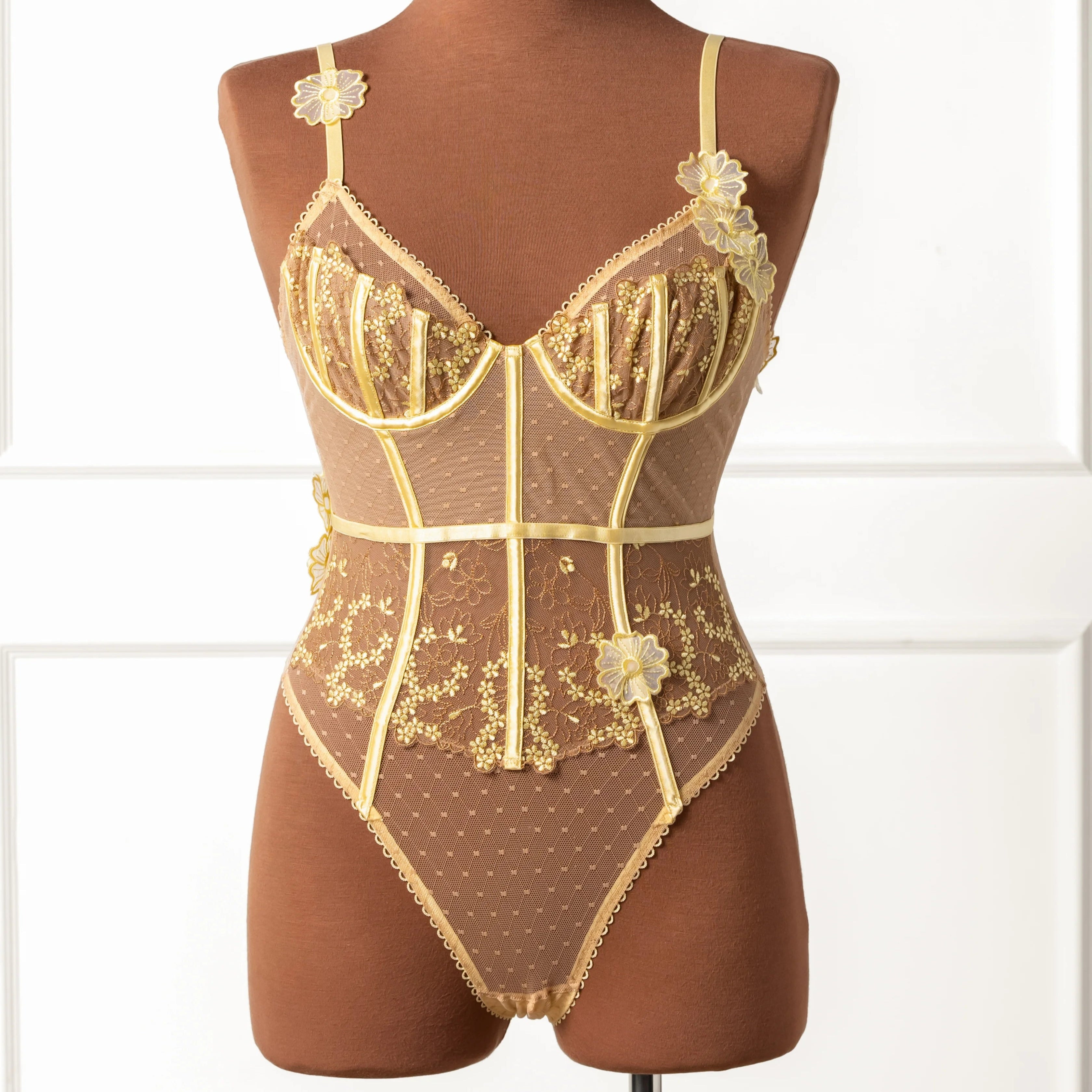 Embroidered Appliqué Crotchless Teddy - Lemon Chiffon