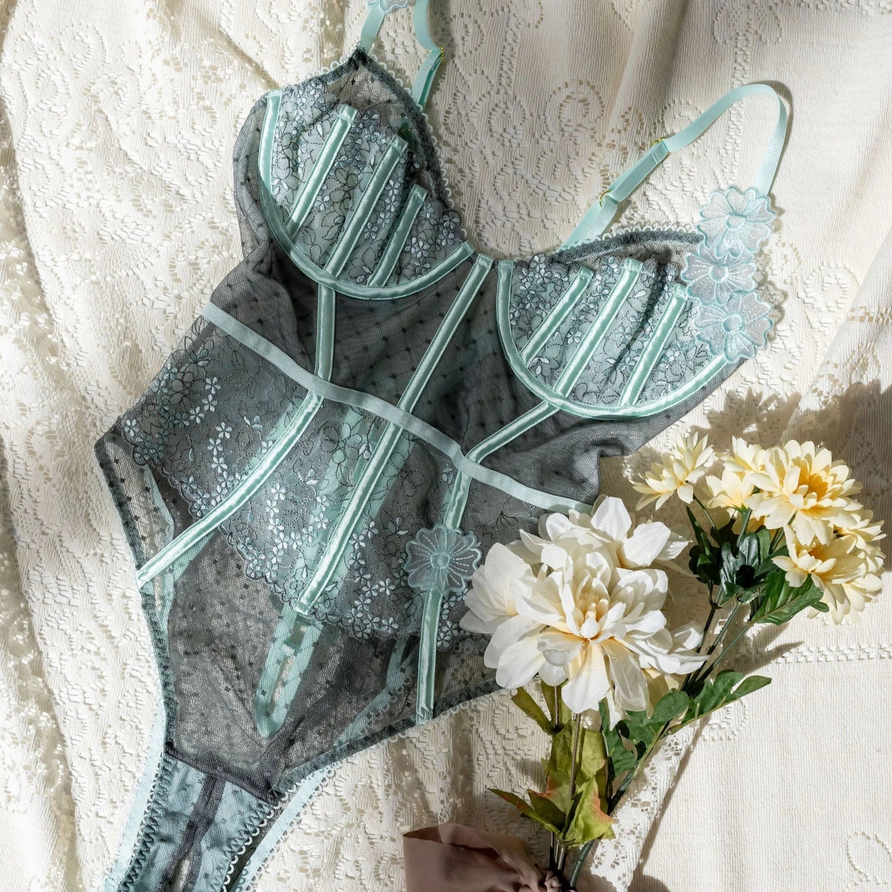 Embroidered Appliqué Crotchless Teddy - Mint Julep