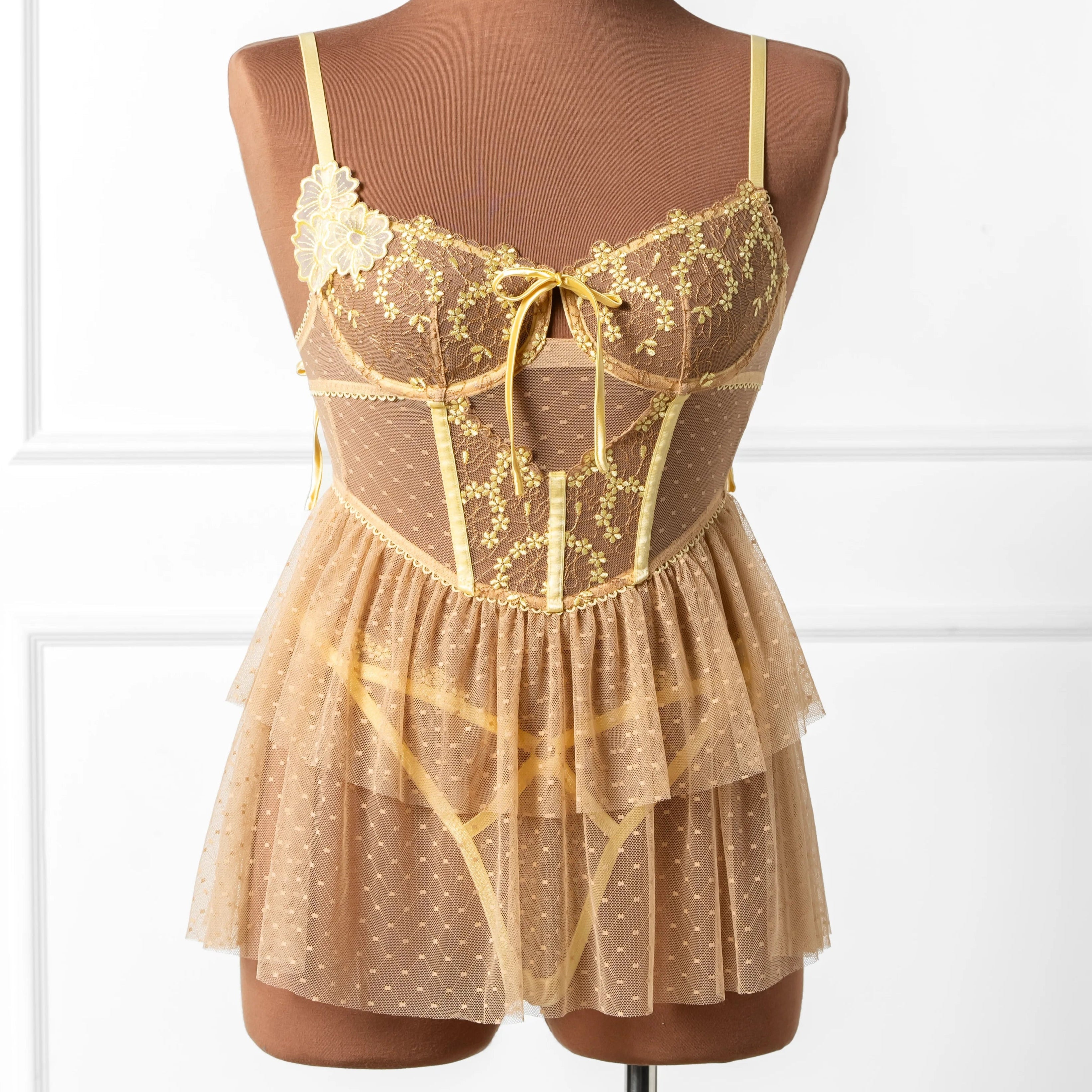 Embroidered Bustier Tiered Babydoll - Lemon Chiffon