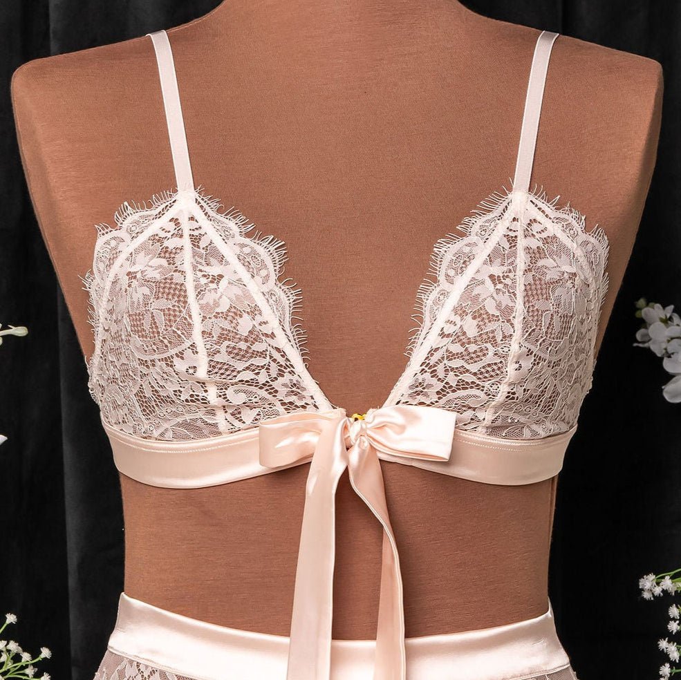 Eyelash Lace Bow Bralette - Champagne