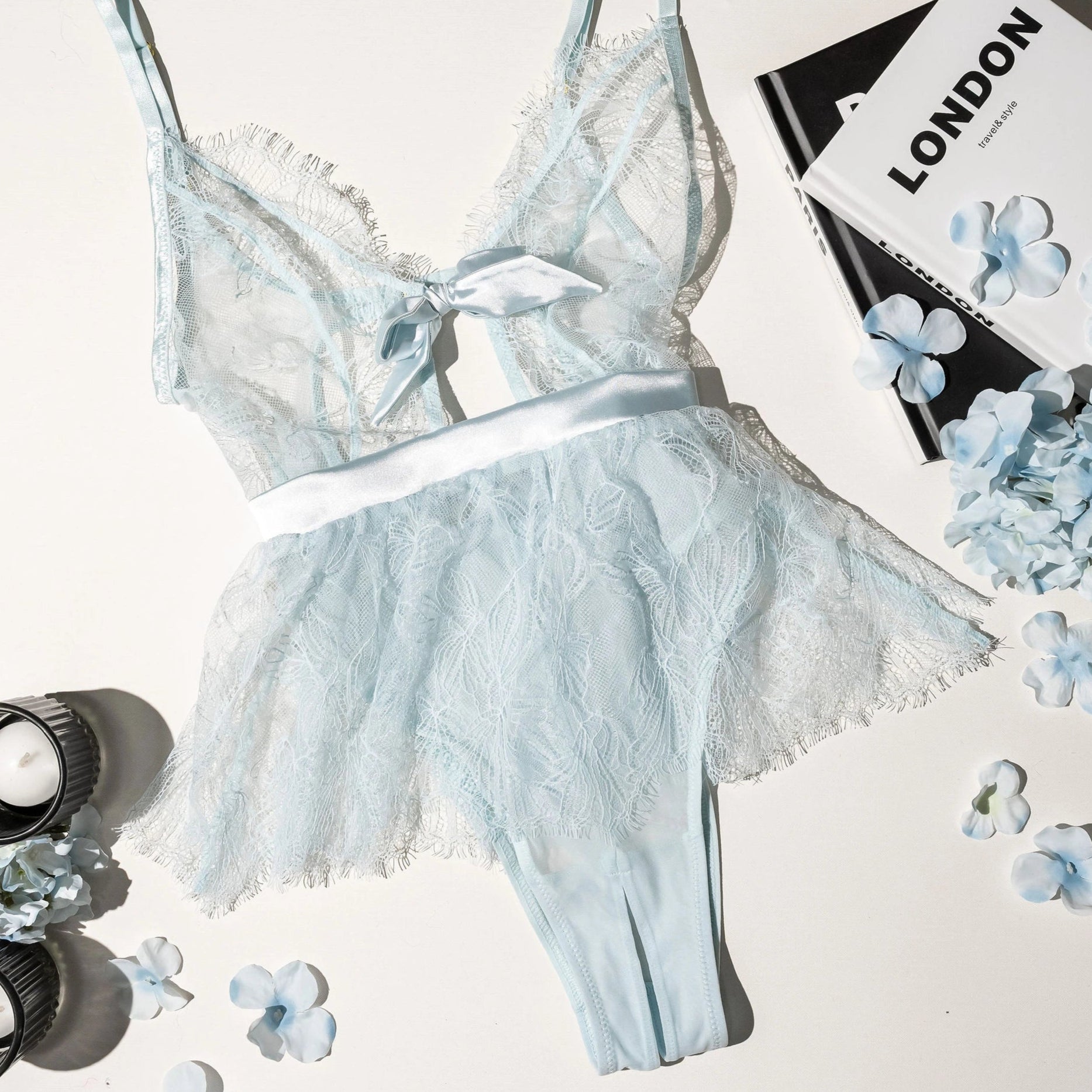 Eyelash Lace Crotchless Teddy - Something Blue