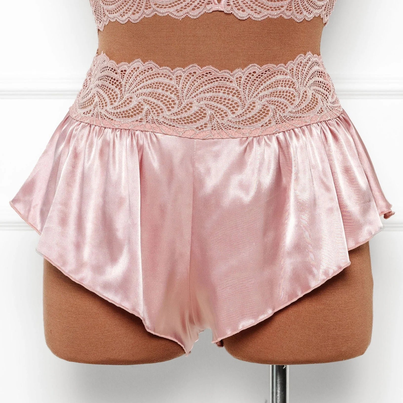 High Waist Lacy Satin Tap Shorts - Blush