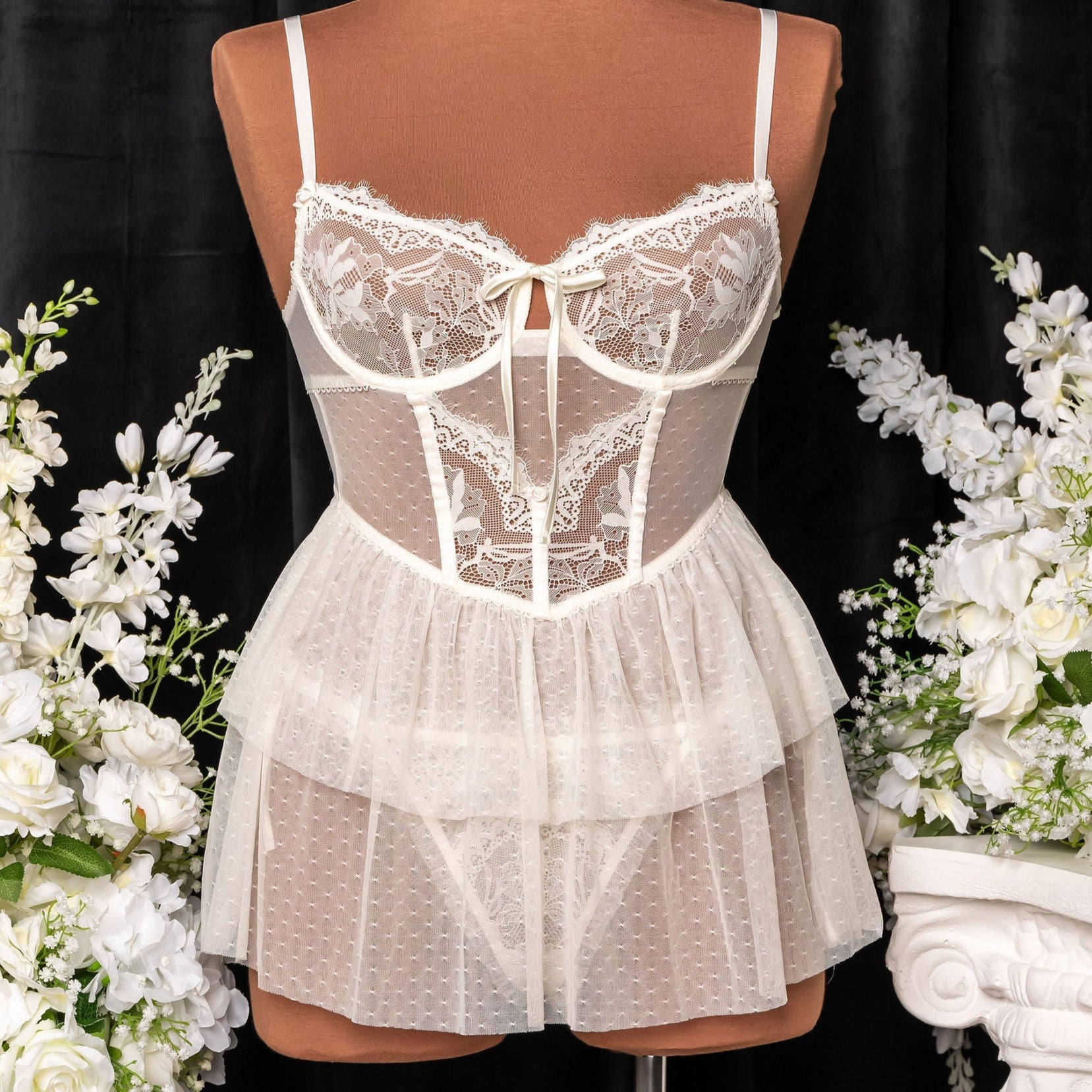 Lace & Mesh Bustier Tiered Babydoll - Pearl