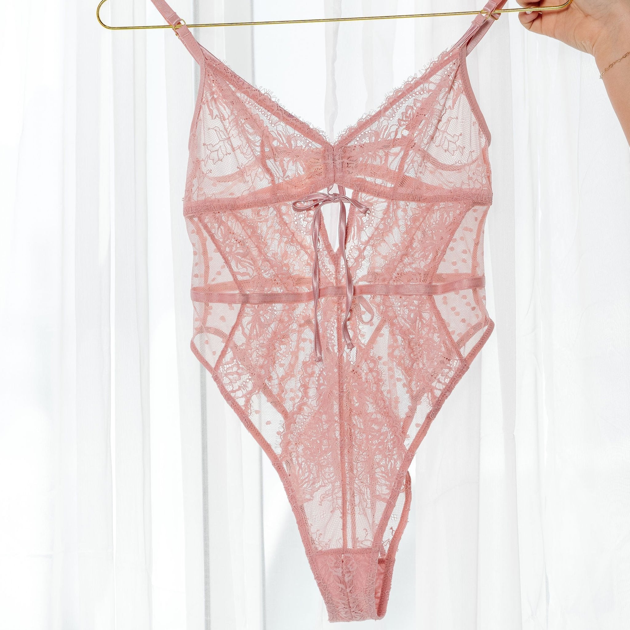 Lacy Crotchless Polka Dot Teddy - Blush 5 Lacy Crotchless Polka Dot Teddy - Blush