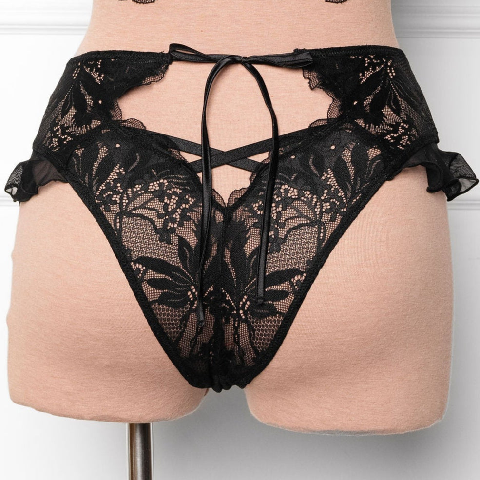 Lacy High Leg Crotchless Panty - Black