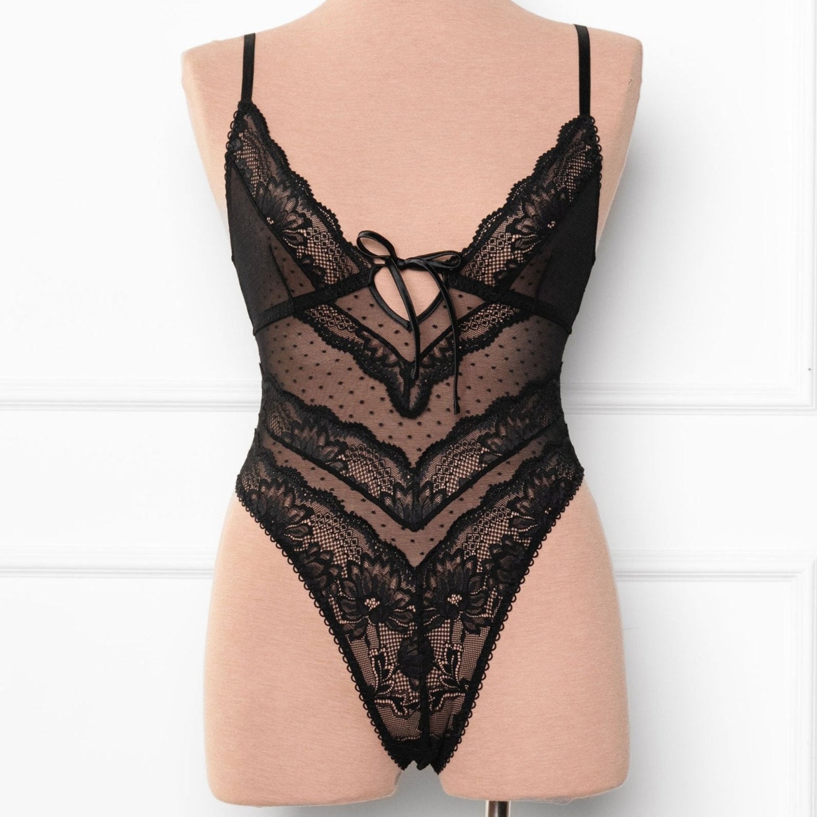 Lacy High Leg Crotchless Teddy - Black