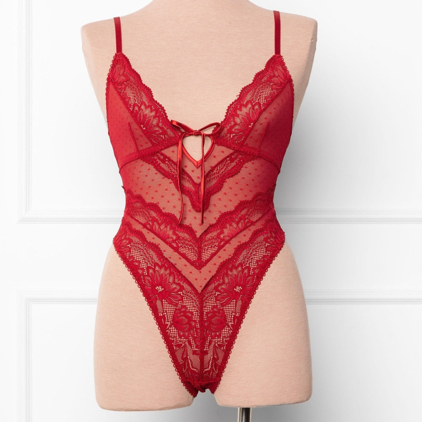 Lacy High Leg Crotchless Teddy - Red