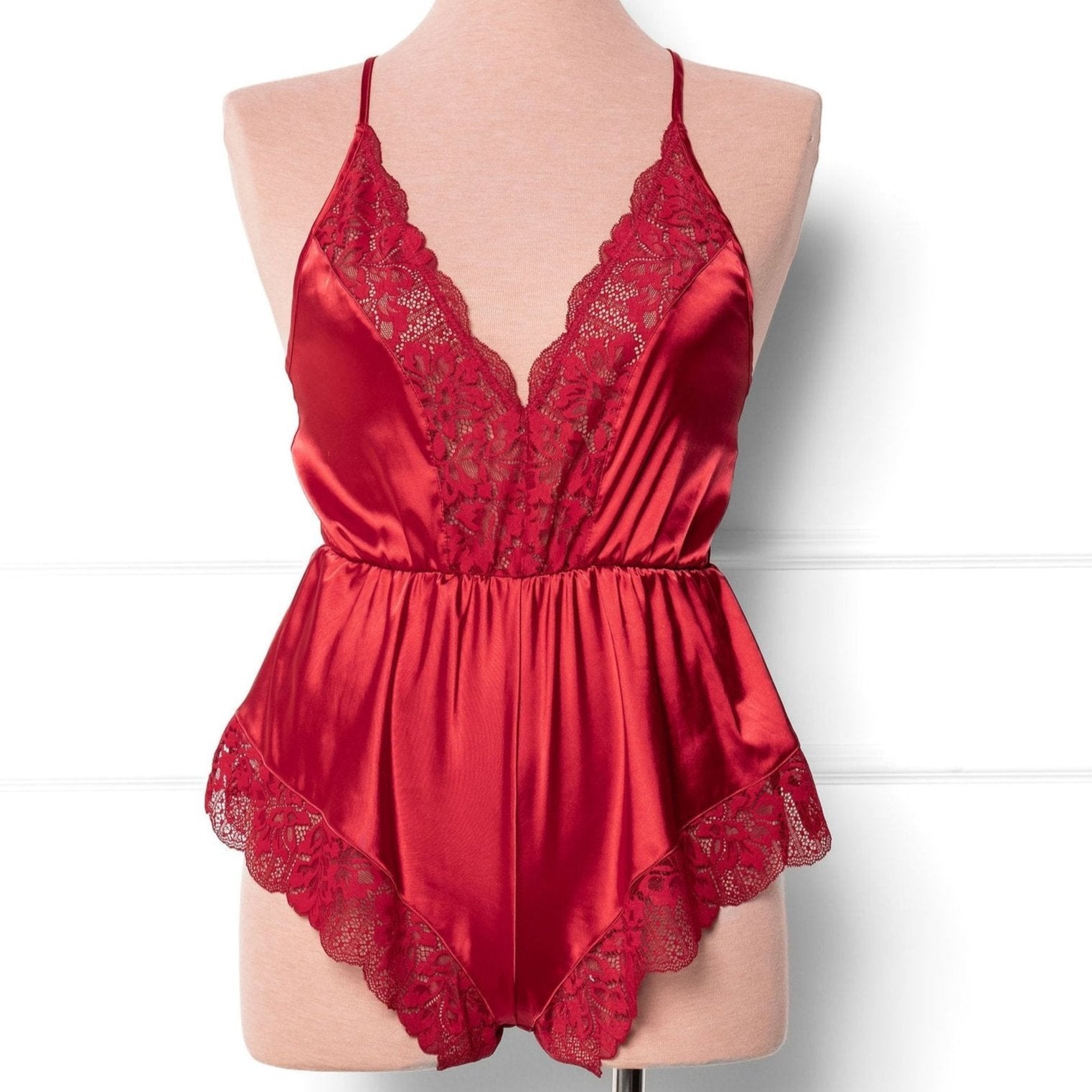 Lacy Plunge Satin Romper - Red