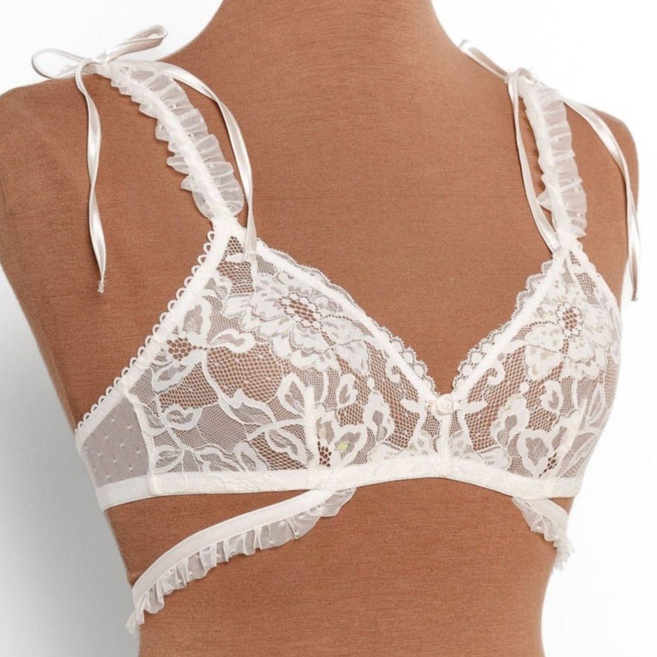 Lacy Ruffle Strap Bralette - Iridescent Cream