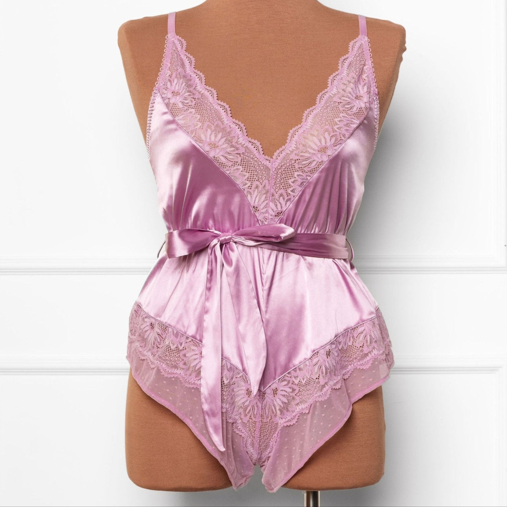 Lacy Satin Bow Romper - Lilac
