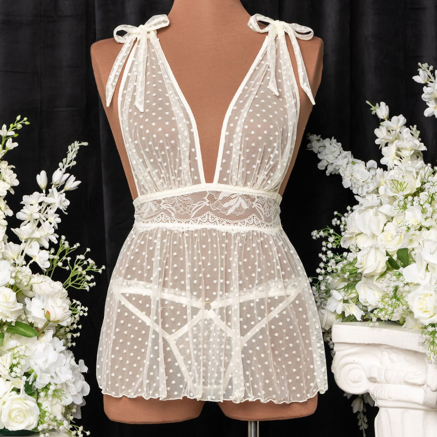Polka Dot Mesh Babydoll - Pearl