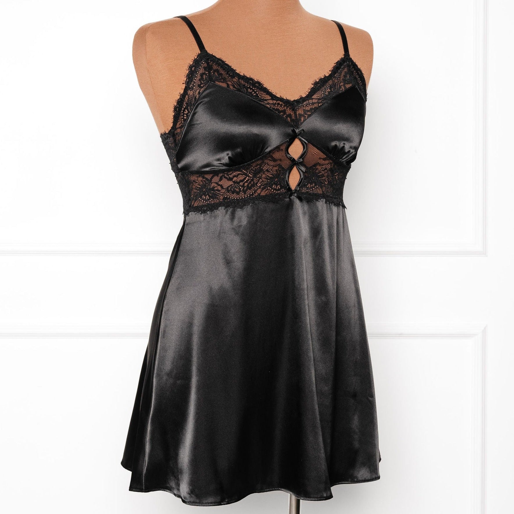 Satin & Eyelash Lace Slip - Black
