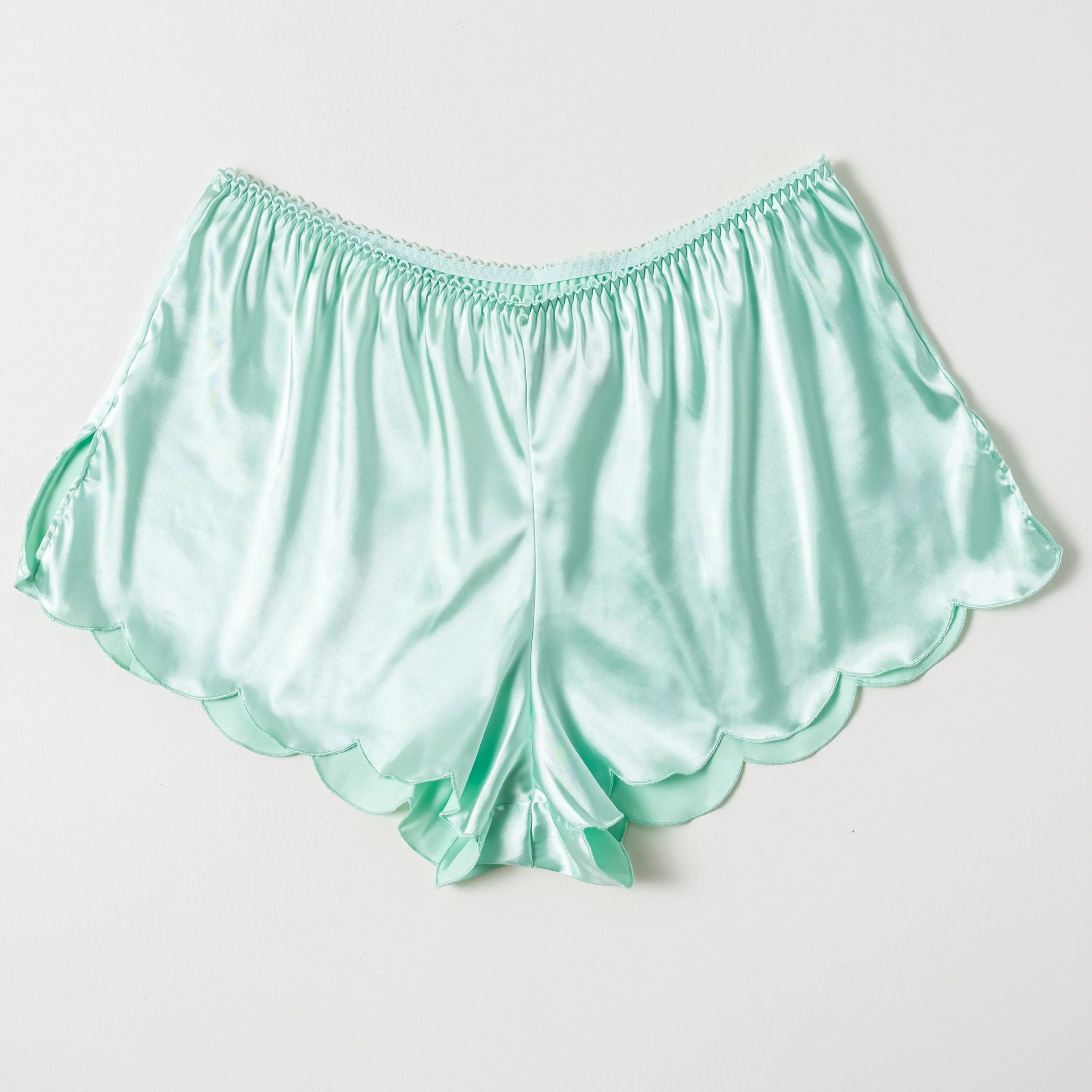 Scalloped Embroidered Satin Shorts - Mint Julep